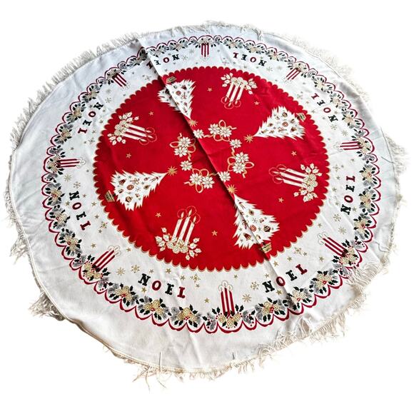 Vintage Christmas Holiday Tablecloth Cotton Print Round Fringe Red Gold Festive - Picture 2 of 10